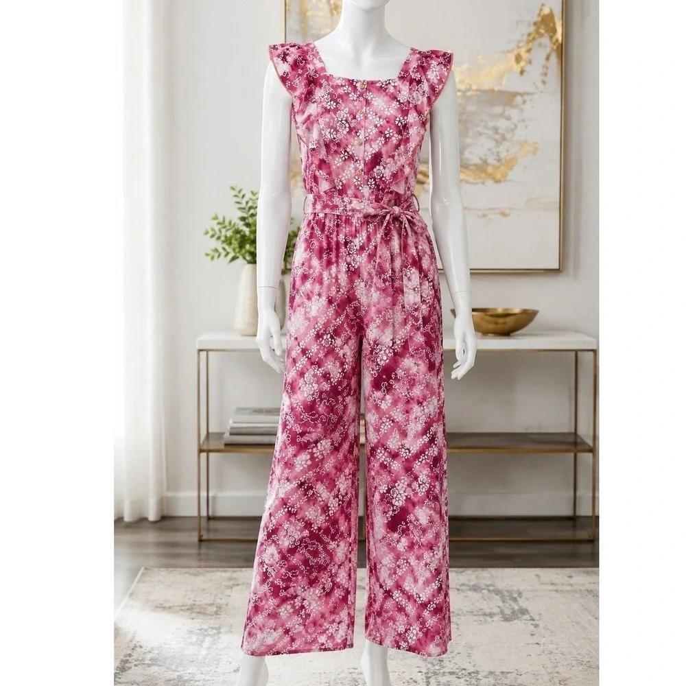 Justice Girls Jumpsuit Pink Floral Ruffle Belted Pockets XL 16/18